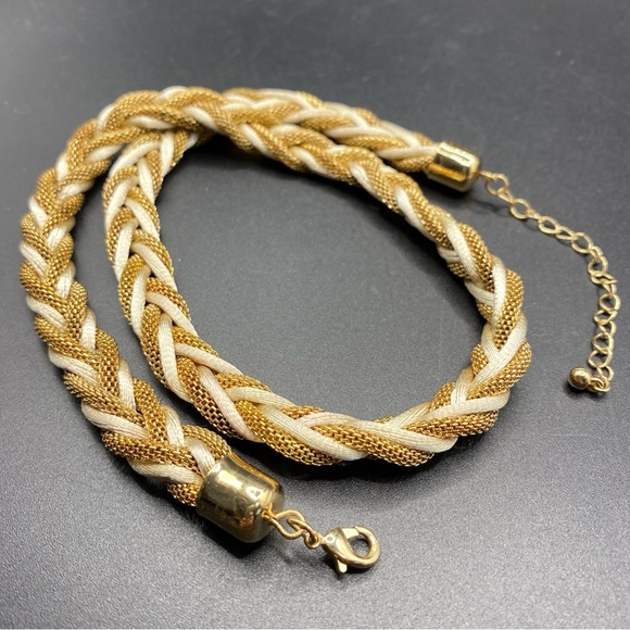 Mesh Chain Satin Braid Gold Tone Necklace - Picture 5 of 7